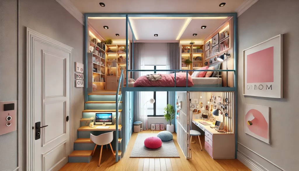 habitaciones modernas de niñas - Espacios multifuncionales, camas elevadas, luces