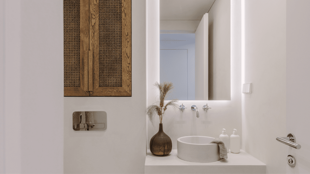 Microcemento Baños - Baño moderno, baño blanco, espejo con luz